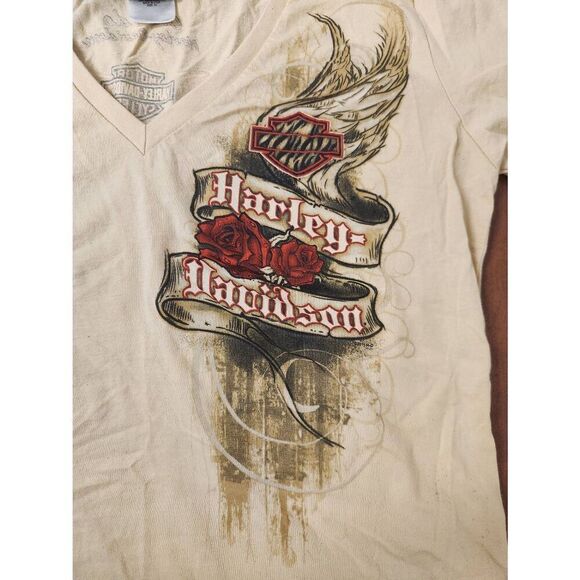 Harley-Davidson 1X light yellow v neck t-shirt with red Harley-Davidson and rose - Picture 1 of 5